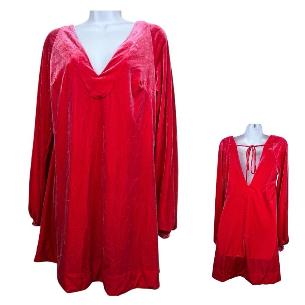 Free People Velvet Mini Dress Misha‎ Sz S Hot Pink Long Sleeve V-Neck Open Back